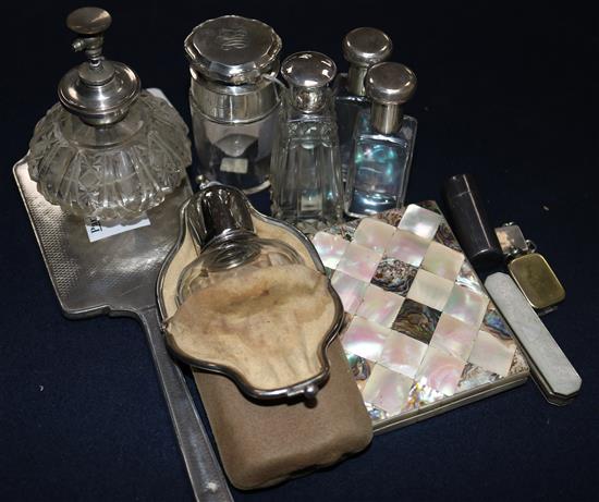 Silver-mounted glass atomiser, 5 similar scent bottles, a hand mirror, a ladies hip flask with plated top and sundries